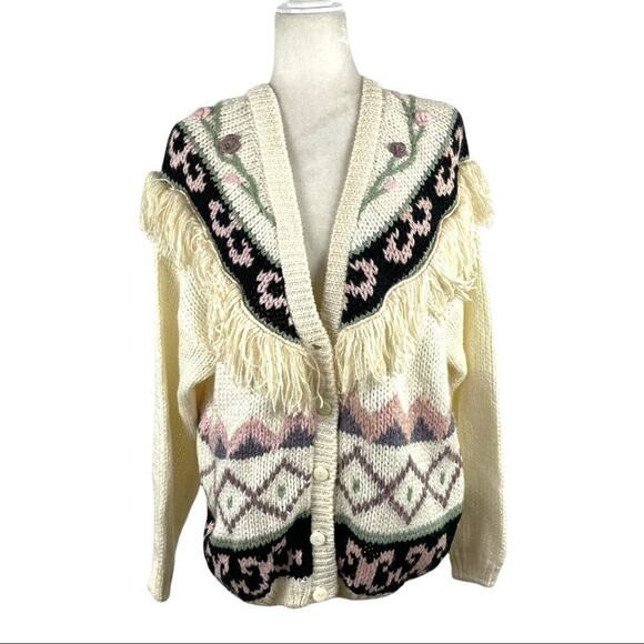 VTG Maggie Lawrence Fringed Knit Cardigan Women’s 80s Floral Pattern Size 18/20 - Picture 1 of 15